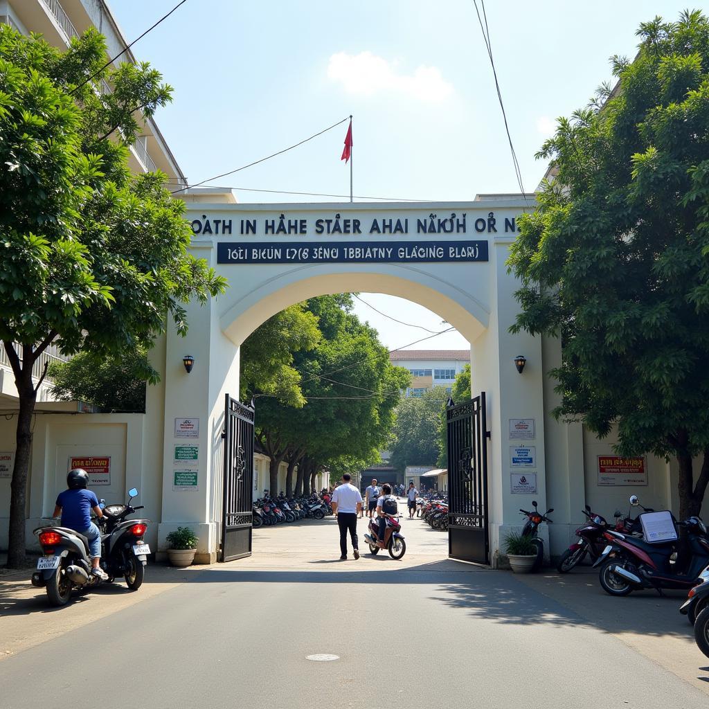Cổng chính của Trường Cao đẳng Nghề Công nghiệp Hà Nội tại địa chỉ 131 Thái Thịnh, Đống Đa, một góc nhìn quen thuộc với sinh viên
