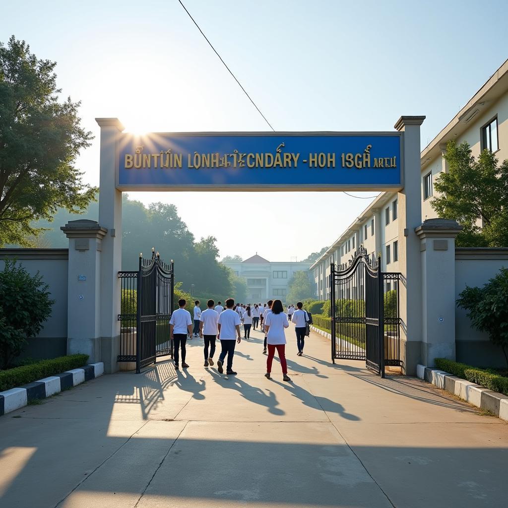 Hình ảnh cổng chính Trường THCS-THPT Bình Long, TT. Bình Long, H. Châu Phú, T. An Giang vào một buổi sáng trong lành