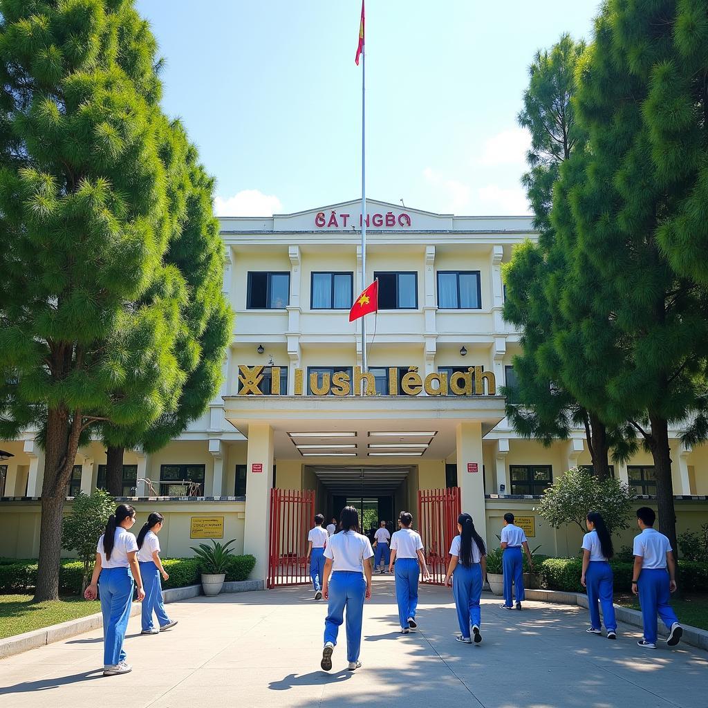 Toàn cảnh cổng Trường THPT Cát Ngạn, huyện Thanh Chương, tỉnh Nghệ An với không gian xanh mát và kiến trúc khang trang