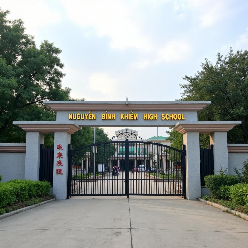 Cổng chính của Trường THPT Nguyễn Bỉnh Khiêm, H. Chư Sê, T. Gia Lai với biển hiệu rõ ràng, là địa chỉ giáo dục uy tín của huyện.