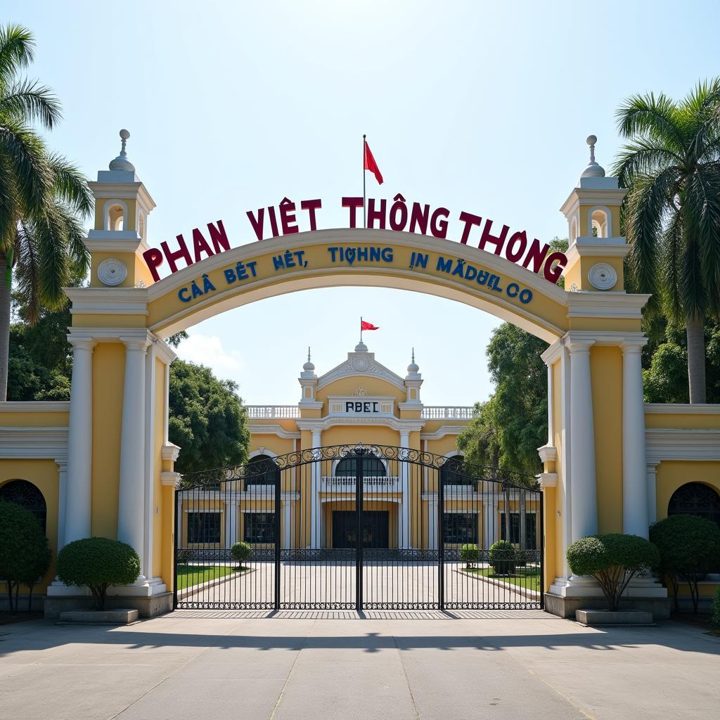 Hình ảnh cổng chính Trường THPT Phan Việt Thống, huyện Cái Bè, tỉnh Tiền Giang với tấm biển tên trường trang trọng và rõ nét