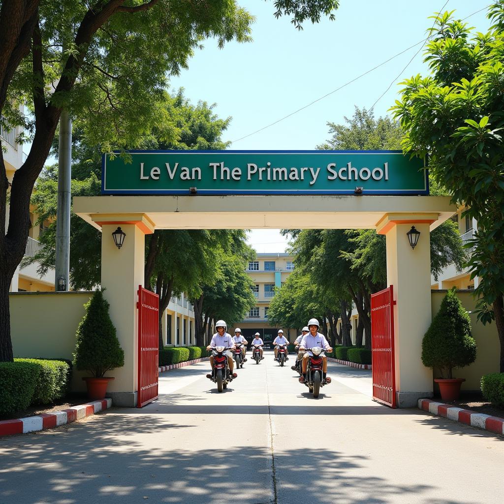 Cổng chính Trường Tiểu học Lê Văn Thế tại Củ Chi với bảng tên rõ ràng và sân trường xanh mát
