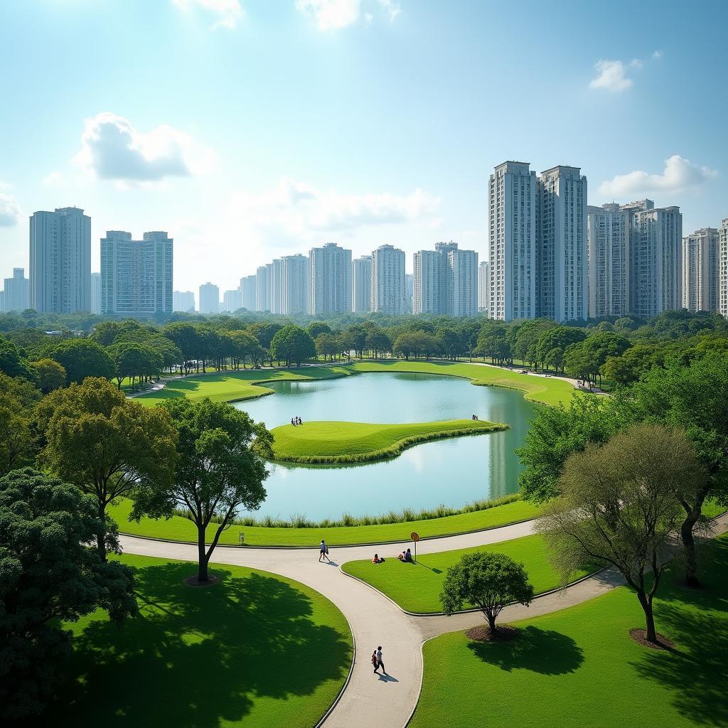 Toàn cảnh công viên Celadon City Tân Phú rộng lớn với hồ nước và cây xanh, một không gian sống trong lành giữa lòng Sài Gòn.