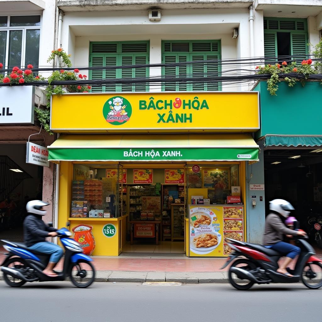 Mặt tiền Cửa hàng Bách Hóa Xanh 45 Nguyễn Văn Quá Quận 12 nổi bật với biển hiệu xanh vàng đặc trưng