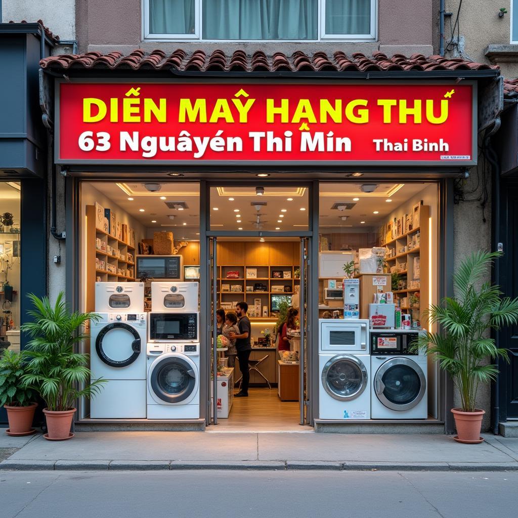 Mặt tiền cửa hàng Điện Máy Hằng Thu Thái Bình tại số 63 Nguyễn Thị Minh Khai, trưng bày đa dạng sản phẩm điện tử gia dụng.