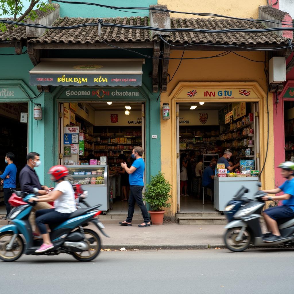 Các cửa hàng kinh doanh nhỏ lẻ và quán ăn bình dân sầm uất tại khu vực Ngã tư Gia Lễ, xã Đồng Mỹ, Thái Bình.