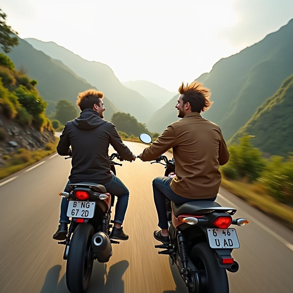 Hai người bạn thân cùng nhau đi phượt trên một chiếc xe máy, cười rạng rỡ, tạo nên những kỷ niệm đẹp cho tình bạn.