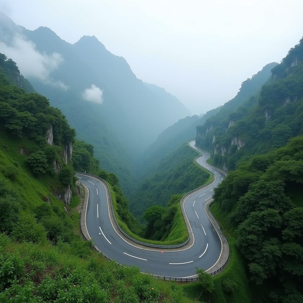 Cung đường đèo uốn lượn hùng vĩ dẫn vào xã Thác Bà, tỉnh Lào Cai với mây mù bao phủ đỉnh núi