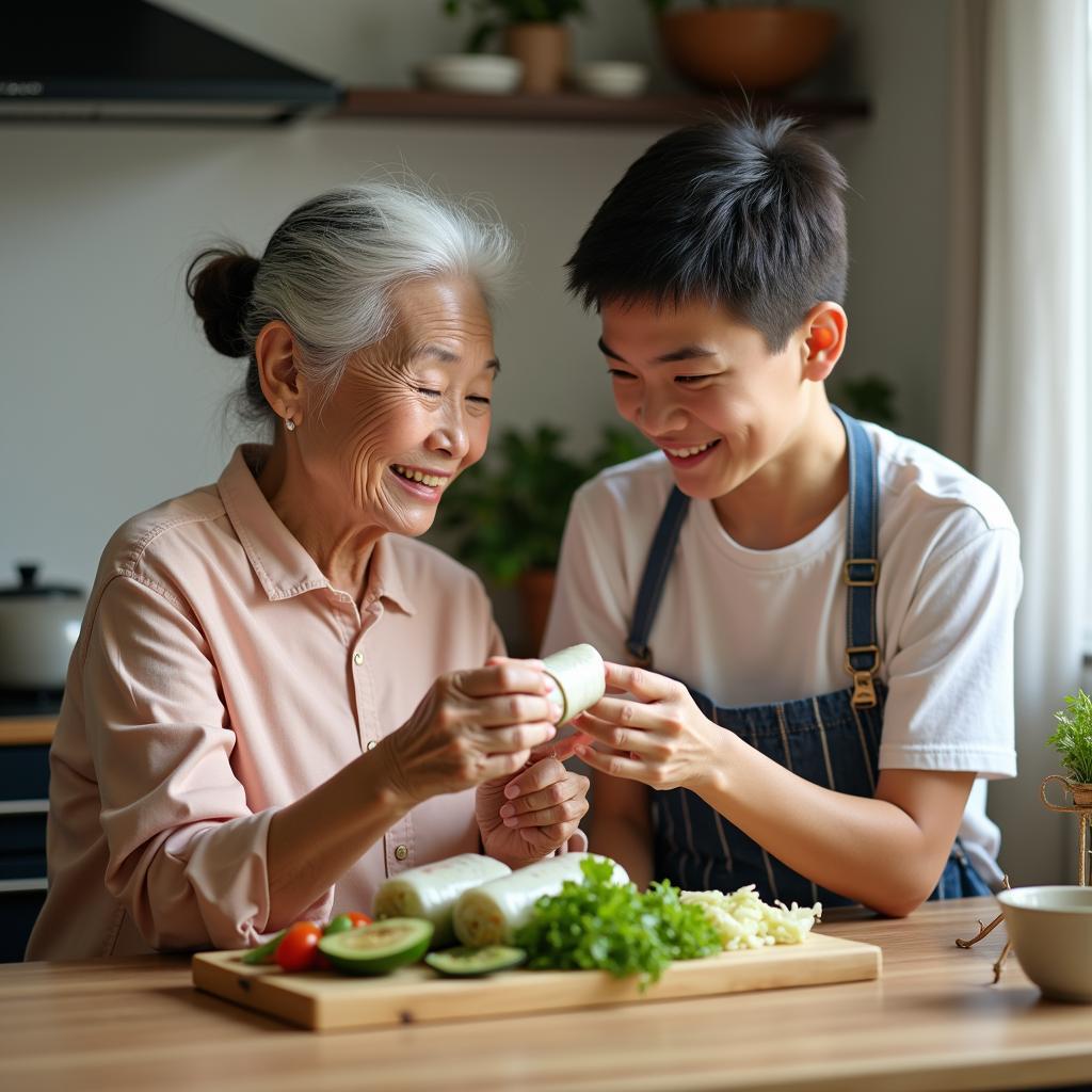 Khoảnh khắc một người bạn lớn tuổi hướng dẫn người trẻ làm món ăn truyền thống cho vlog kỷ niệm tình bạn khác biệt thế hệ.