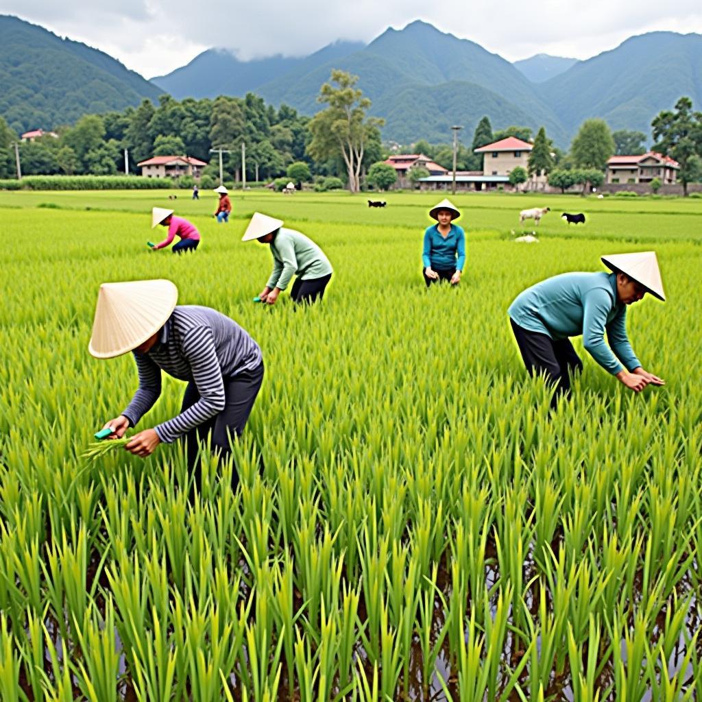 Người dân địa phương Xã Bình Ca, Tỉnh Tuyên Quang đang làm việc trên cánh đồng hoặc sinh hoạt thường ngày, thể hiện cuộc sống nông thôn
