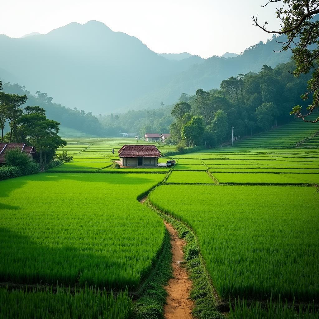 Cảnh quan làng quê bình dị tại Nhữ Khê với cánh đồng lúa xanh mướt và những ngôi nhà đơn sơ.