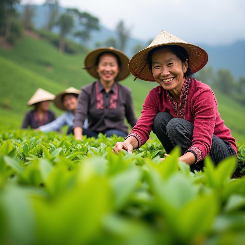 Hình ảnh người dân địa phương tại xã Yên Cường, tỉnh Tuyên Quang đang làm việc trên nương chè xanh mướt với nụ cười thân thiện.