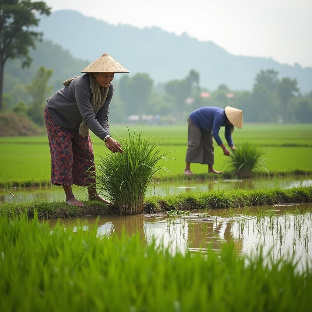 Hình ảnh người dân địa phương tại xã Yên Lãng đang làm việc trên đồng ruộng, thể hiện nét đẹp lao động bình dị