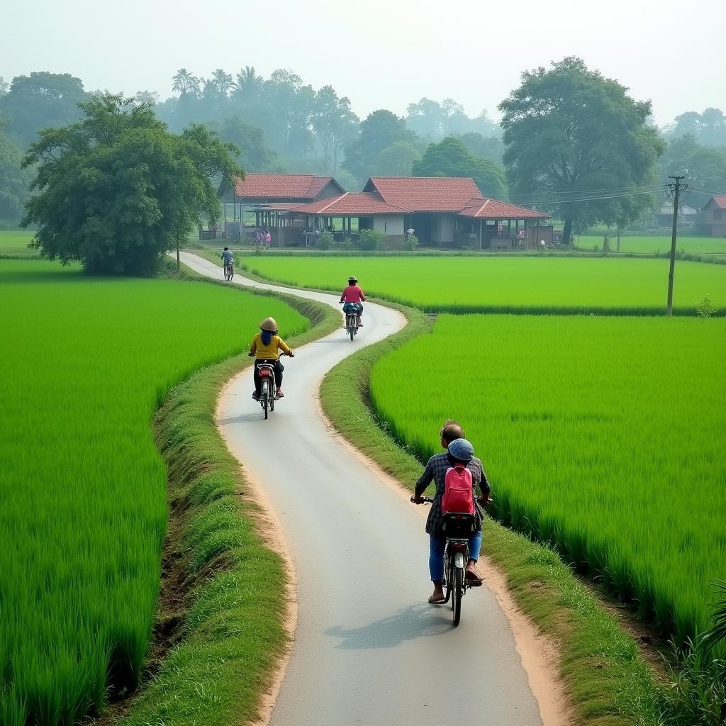 Khung cảnh làng quê yên bình tại xã Hoàng Cương với những mái nhà ngói đỏ, con đường làng và cánh đồng lúa xanh.