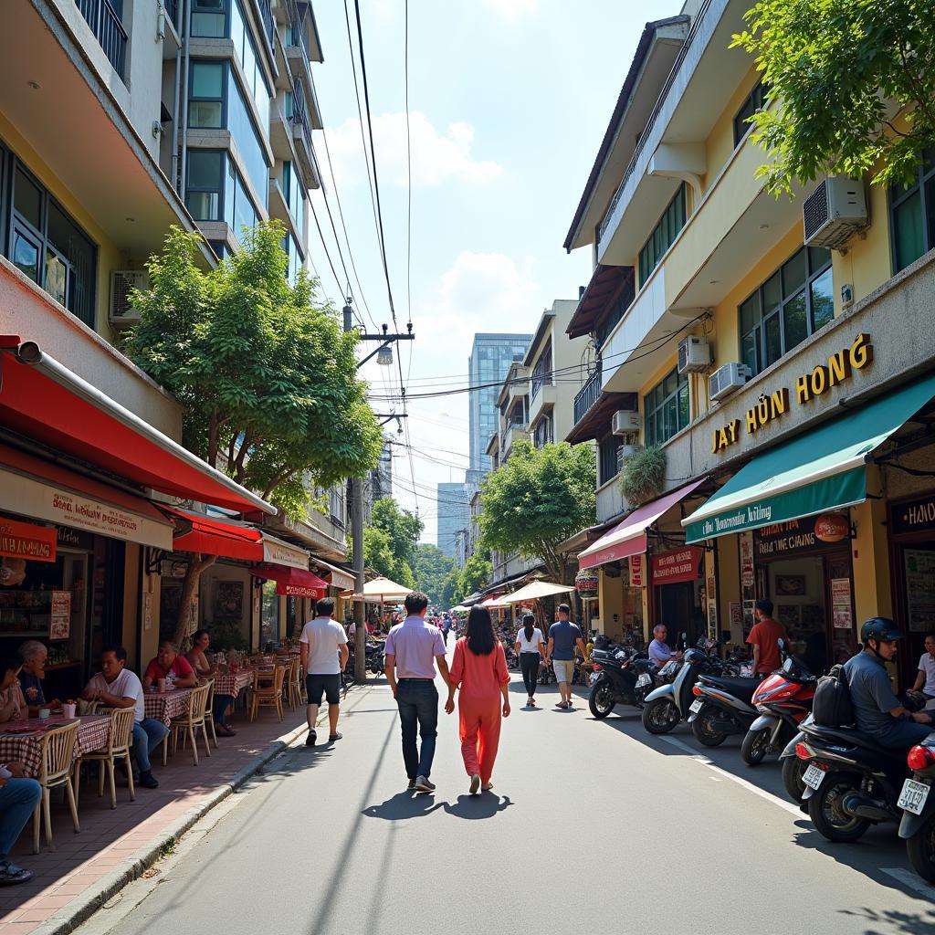 Hình ảnh cuộc sống sinh hoạt sôi động của cư dân Phố Trần Thủ Độ, phường Hoàng Liệt với các cửa hàng, quán ăn và chung cư san sát.