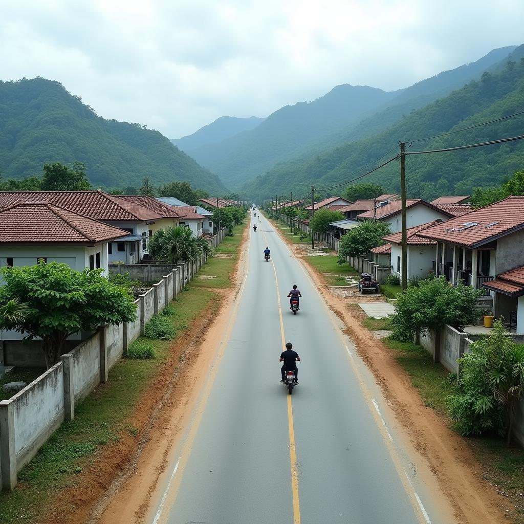Hình ảnh một con đường mới được xây dựng tại Phường Tam Sơn, Bắc Ninh, thể hiện sự phát triển đô thị hóa hài hòa với cảnh quan truyền thống.