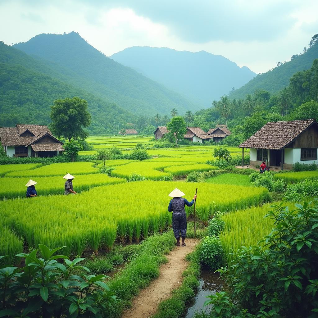 Cuộc sống yên bình, thanh thản của người dân vùng nông thôn Kim Long với hoạt động nông nghiệp đặc trưng.