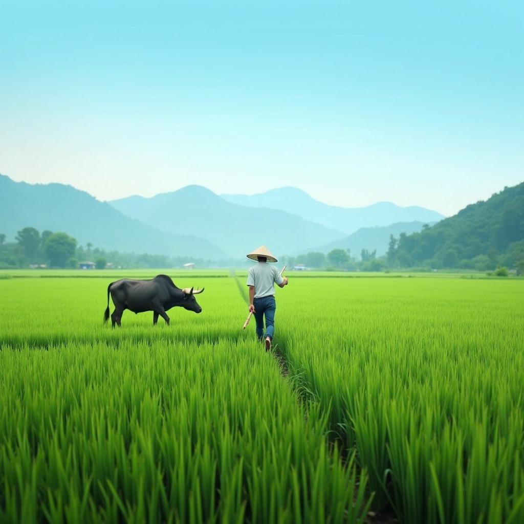 Cuộc sống nông thôn bình yên với hình ảnh người nông dân và đàn trâu trên cánh đồng lúa tại xã Mai Hạ.