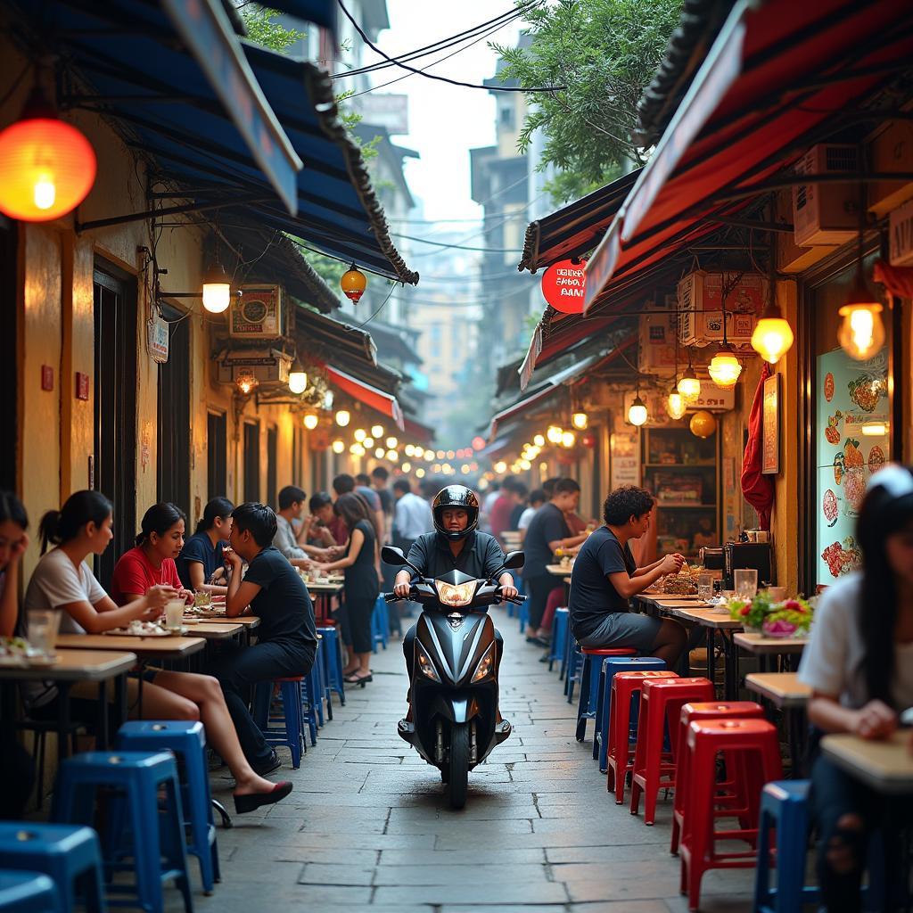 Khung cảnh cuộc sống sôi động với nhiều tiện ích như hàng quán ăn uống và cửa hàng tại Ngõ 9 Lê Đức Thọ.