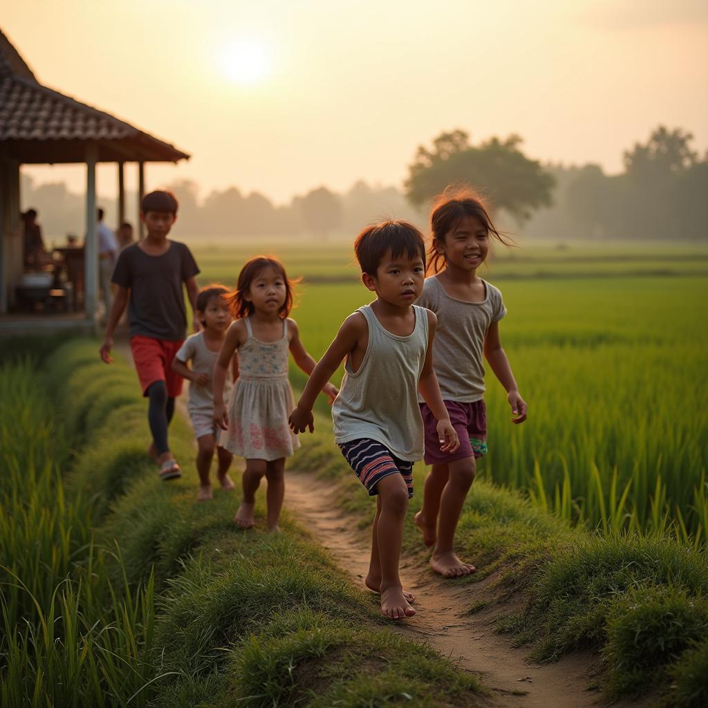 Hình ảnh cuộc sống đời thường dung dị tại xã Thung Nai, Phú Thọ với cảnh trẻ em nô đùa trên con đê làng.