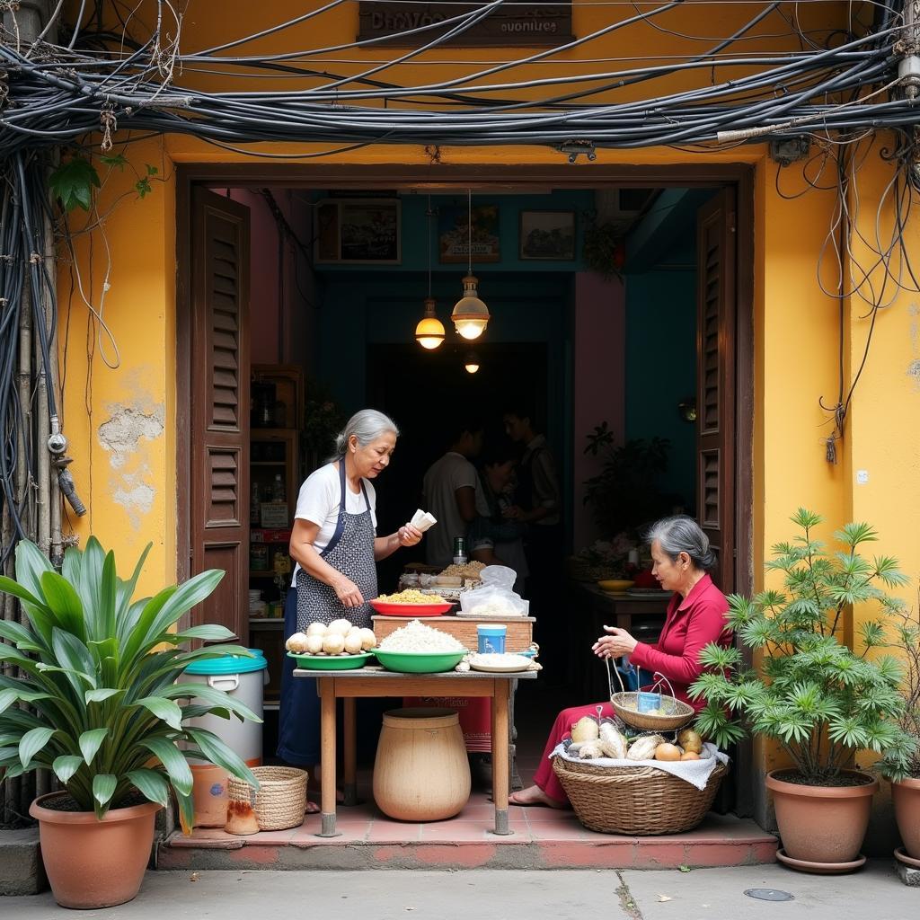 Một góc nhỏ thể hiện cuộc sống thường nhật và tiện ích mua sắm tại Ngõ Linh Quang, quận Đống Đa.