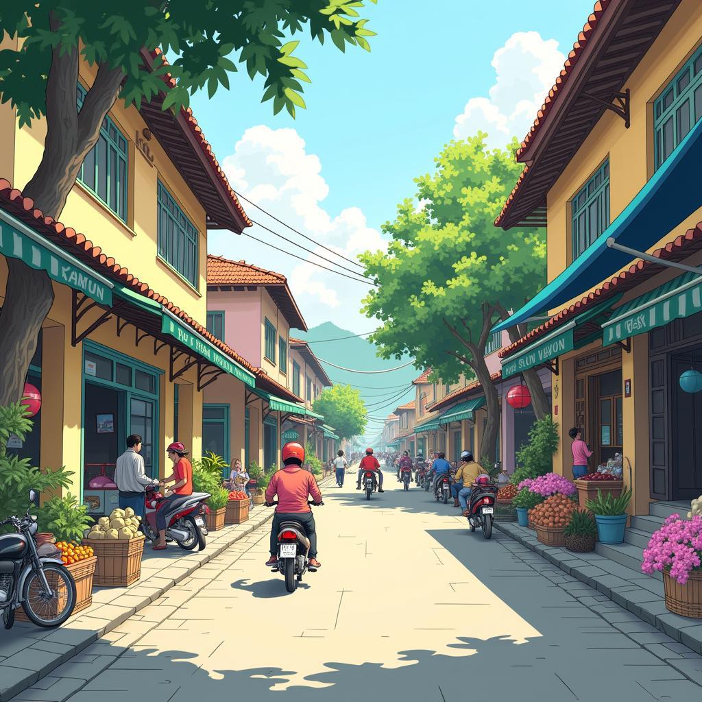 Cảnh đời sống hàng ngày tại Phường Tây Nam, cho thấy sự nhộn nhịp và tiện ích đầy đủ như chợ, cửa hàng.
