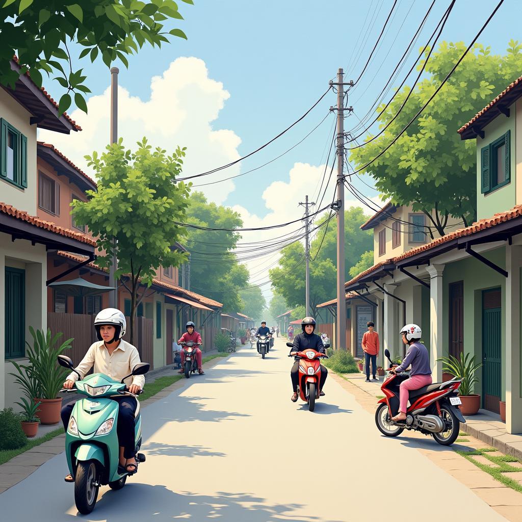 Minh họa cuộc sống hàng ngày và tiện ích cơ bản tại Xã Thuận An, sự pha trộn giữa truyền thống và hiện đại ở vùng ngoại thành Hà Nội.