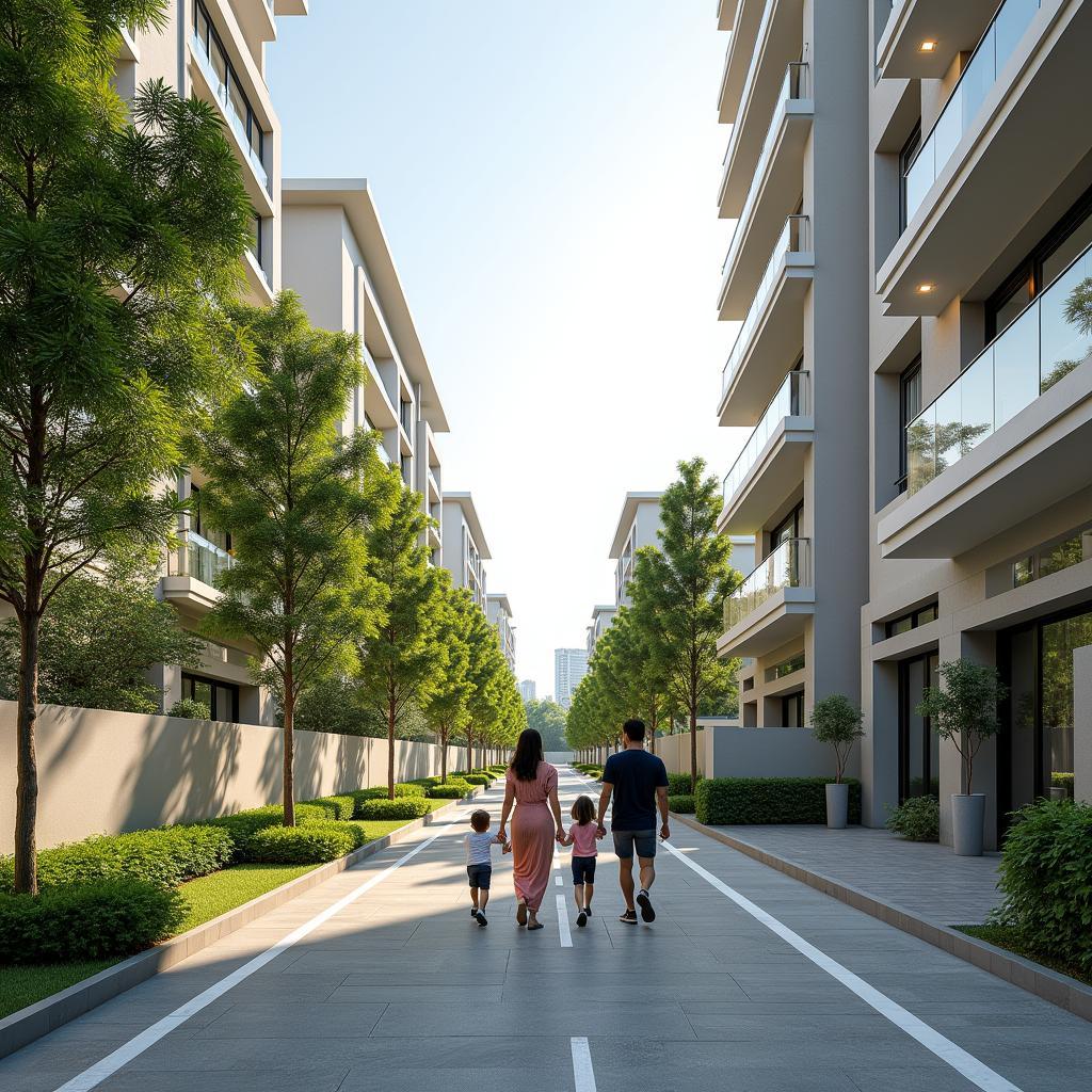 Một góc khu đô thị Celadon City với các tòa nhà căn hộ hiện đại và con đường nội khu sạch sẽ, thể hiện cuộc sống tiện nghi.