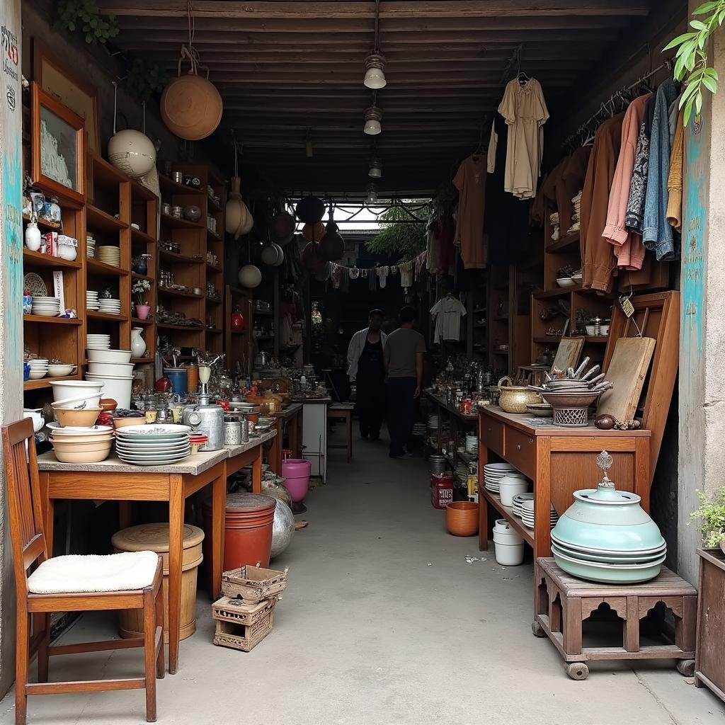 Sự đa dạng của các mặt hàng đồ cũ như nội thất, gia dụng, quần áo, đồ cổ tại chợ Ninh Bình.