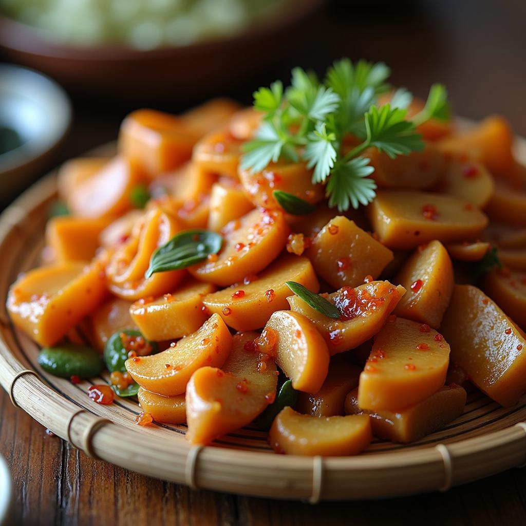 Món ăn đặc sản dân dã mang đậm hương vị địa phương của xã Sa Lý, Bắc Ninh, được bài trí đẹp mắt trên mẹt tre