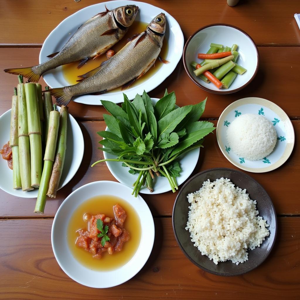 Một mâm cơm với các món ăn đặc sản địa phương tại Xã Đường Hồng, Tuyên Quang