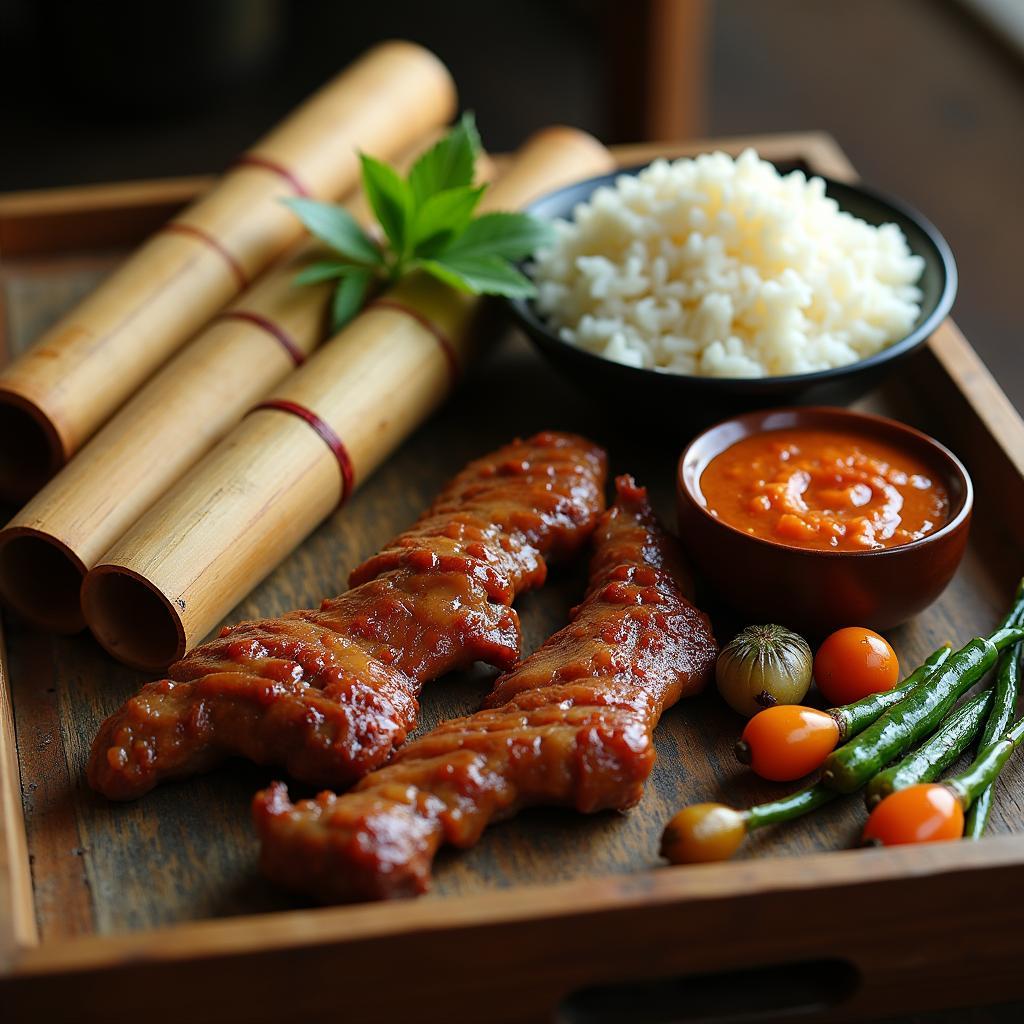 Mâm cơm đặc sản của người Cơ Tu tại Nam Giang với các món như cơm lam, zà rá, rau rừng, thể hiện sự mộc mạc và phong phú