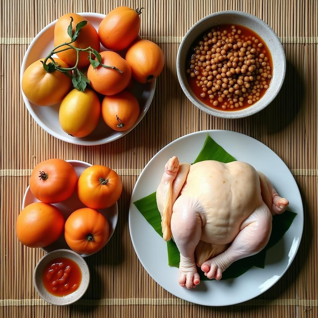 Ảnh chụp các món đặc sản của vùng Nam Tiên Hưng, Hưng Yên bao gồm nhãn lồng, tương Bần và gà Đông Tảo được bài trí đẹp mắt trên mẹt tre.