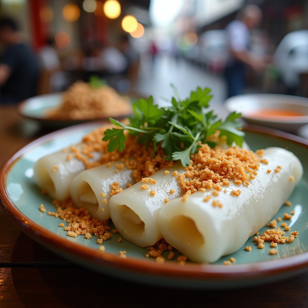 Đĩa bánh cuốn nóng hổi đặc sản Hưng Yên được bày biện đẹp mắt trên đường Trần Hưng Đạo