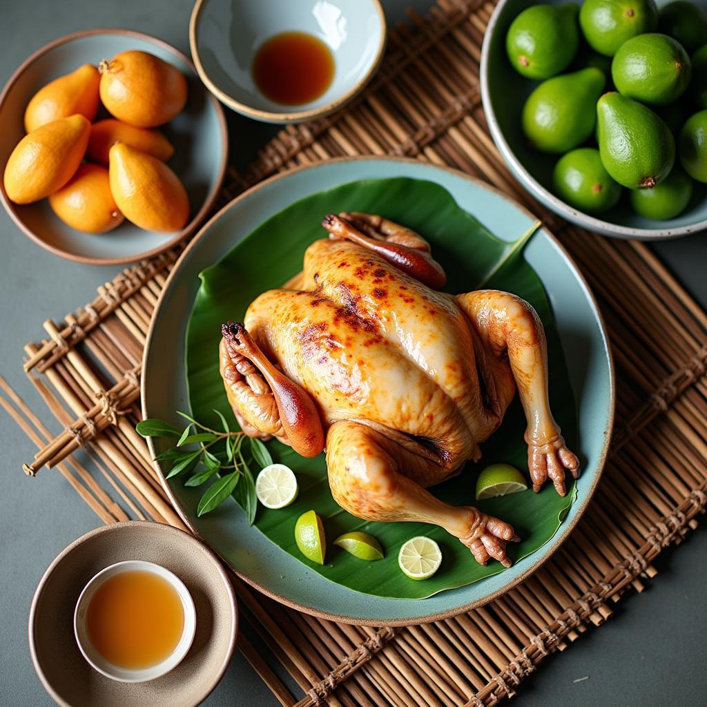 Mâm cỗ đặc sản Hưng Yên hấp dẫn tại Thái Thụy với gà Đông Tảo luộc và nhãn lồng tươi ngon.