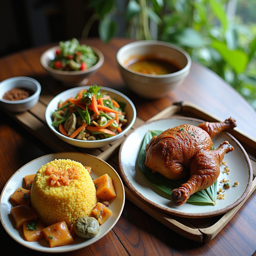 Mâm cơm đặc sản dân dã tại khu vực Tây Yên Tử với gà đồi, xôi ngũ sắc và rau rừng
