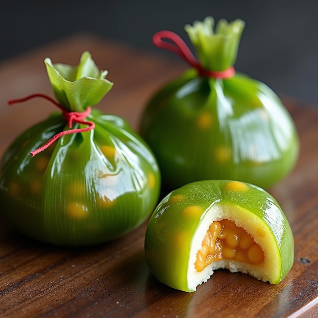 Cận cảnh cặp bánh phu thê Đình Bảng đặc sản Bắc Ninh được gói trong lá dong xanh, thể hiện nét đẹp ẩm thực truyền thống của Phường Quế Võ.