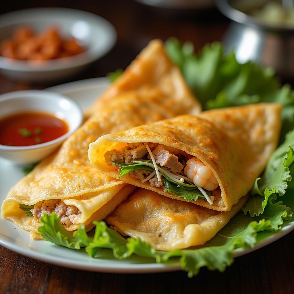 Cận cảnh đĩa bánh xèo vàng ươm giòn rụm, đặc sản nổi tiếng trên đường Huỳnh Văn Bánh, ăn kèm rau sống