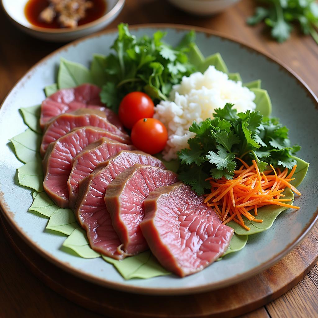 Đĩa bò tơ Củ Chi luộc được thái lát mỏng, trình bày đẹp mắt bên cạnh các loại rau rừng tươi xanh, bánh tráng và chén mắm nêm đậm đà.