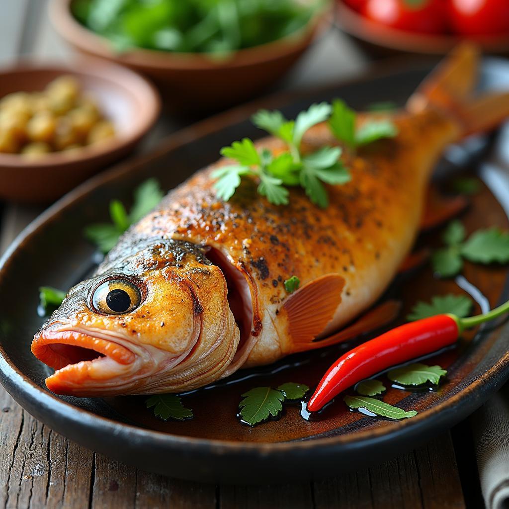 Đĩa cá nướng sông Hồng vàng ươm, thơm lừng được bày biện đẹp mắt, một đặc sản không thể bỏ lỡ khi đến xã Bảo Hà, tỉnh Lào Cai