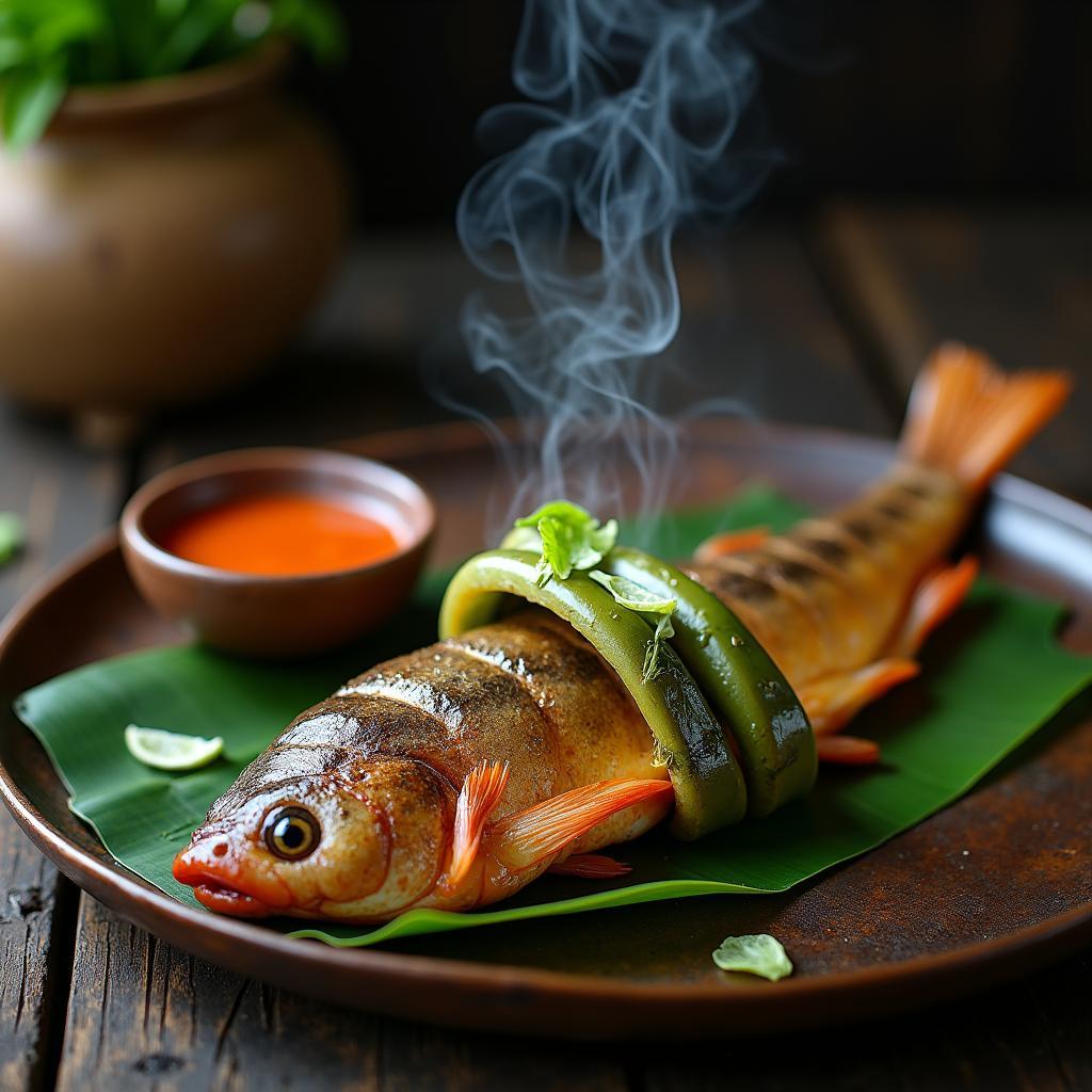 Đặc sản cá suối nướng kẹp tre thơm lừng, một món ăn đậm đà hương vị núi rừng của người Sán Dìu ở Văn Lăng, Thái Nguyên.