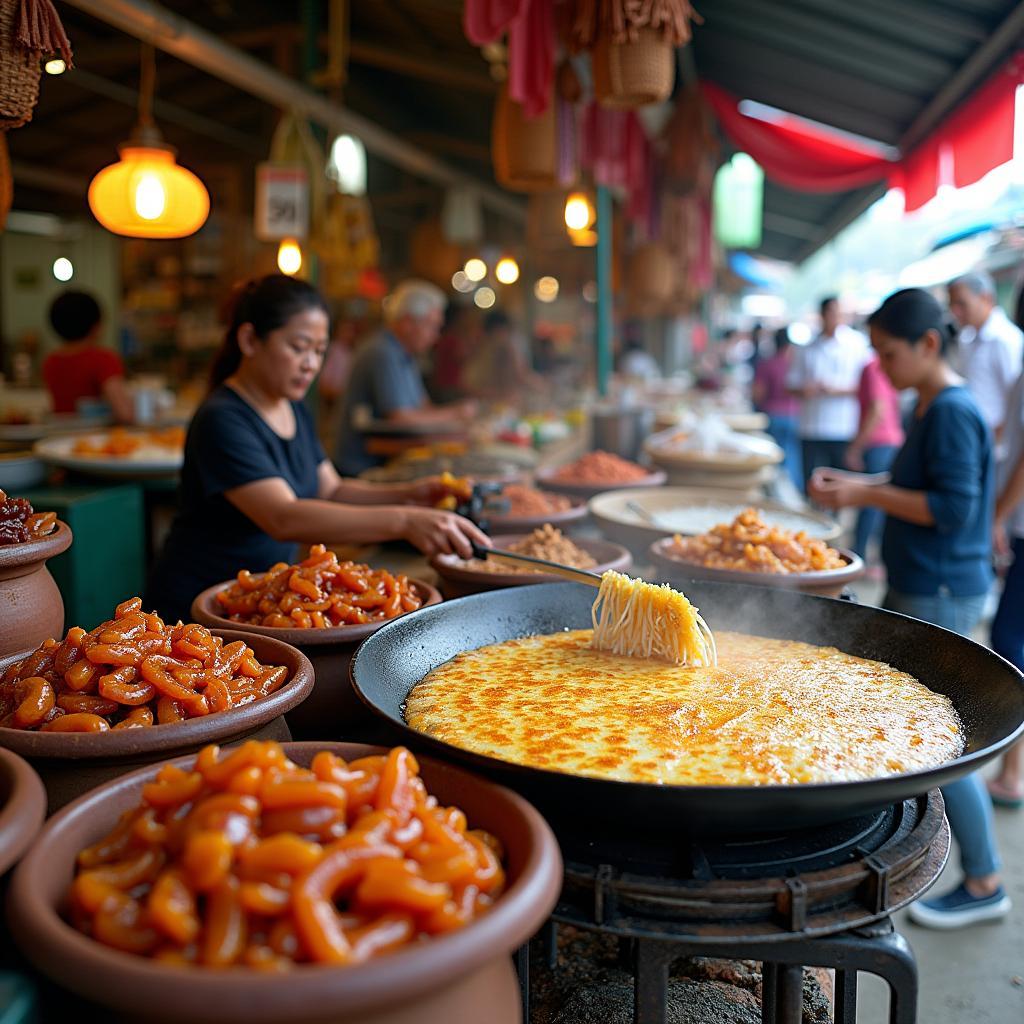 Hình ảnh gian hàng bán đặc sản mắm cá và bánh xèo nóng hổi tại Chợ Long Thượng, huyện Cần Giuộc.