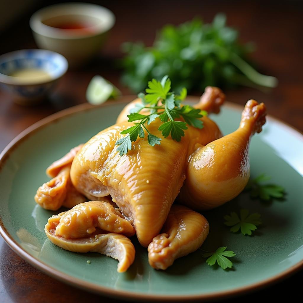 Món đặc sản gà Đông Tảo luộc trứ danh của Hiệp Cường, Hưng Yên được bày trí hấp dẫn trên đĩa.