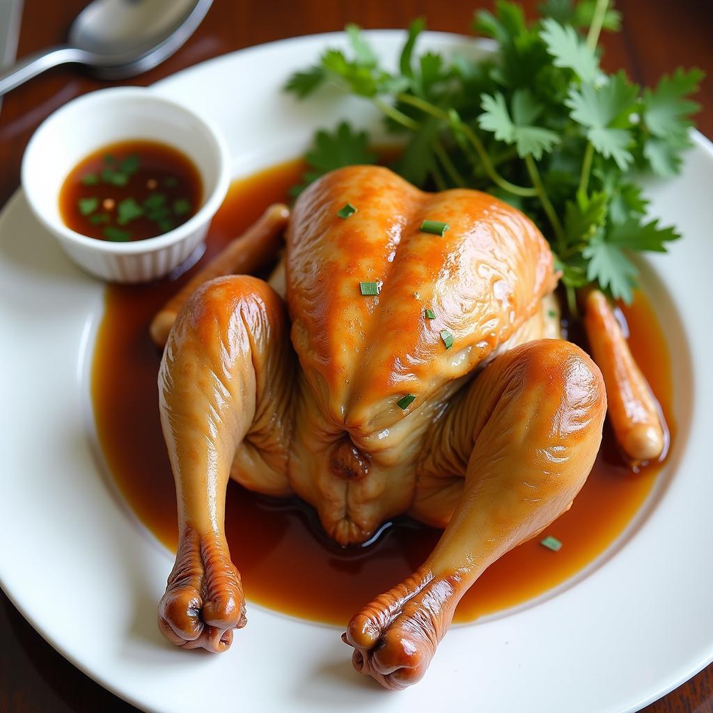 Đĩa gà Đông Tảo luộc da vàng óng, thịt chắc được bày biện đẹp mắt, một đặc sản nổi tiếng của huyện Khoái Châu, tỉnh Hưng Yên
