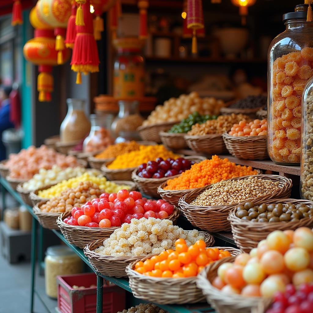 Cửa hàng bày bán đa dạng các loại đặc sản khô và mứt Tết nổi tiếng ở phố Thành Hà