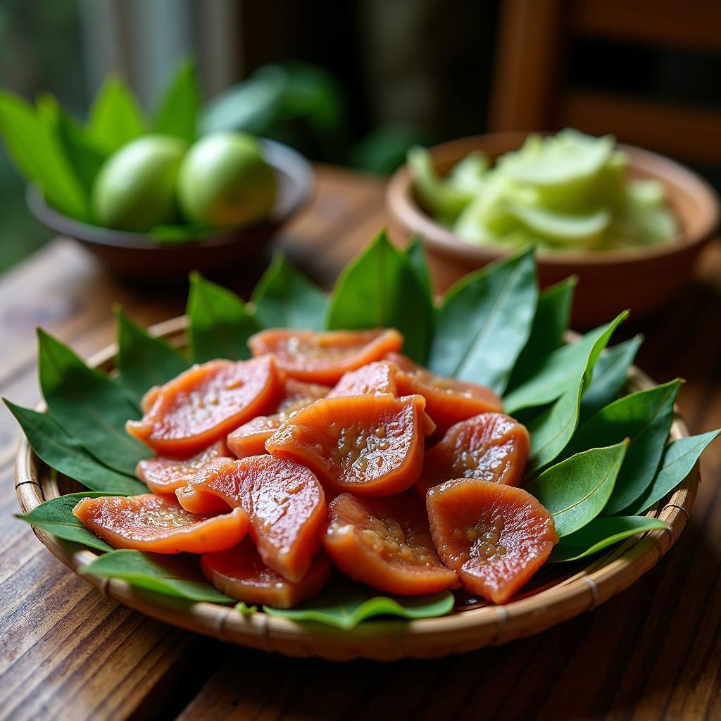 Đặc sản thịt chua của người Mường tại xã Lương Sơn, Phú Thọ được bày biện đẹp mắt cùng các loại lá rừng.