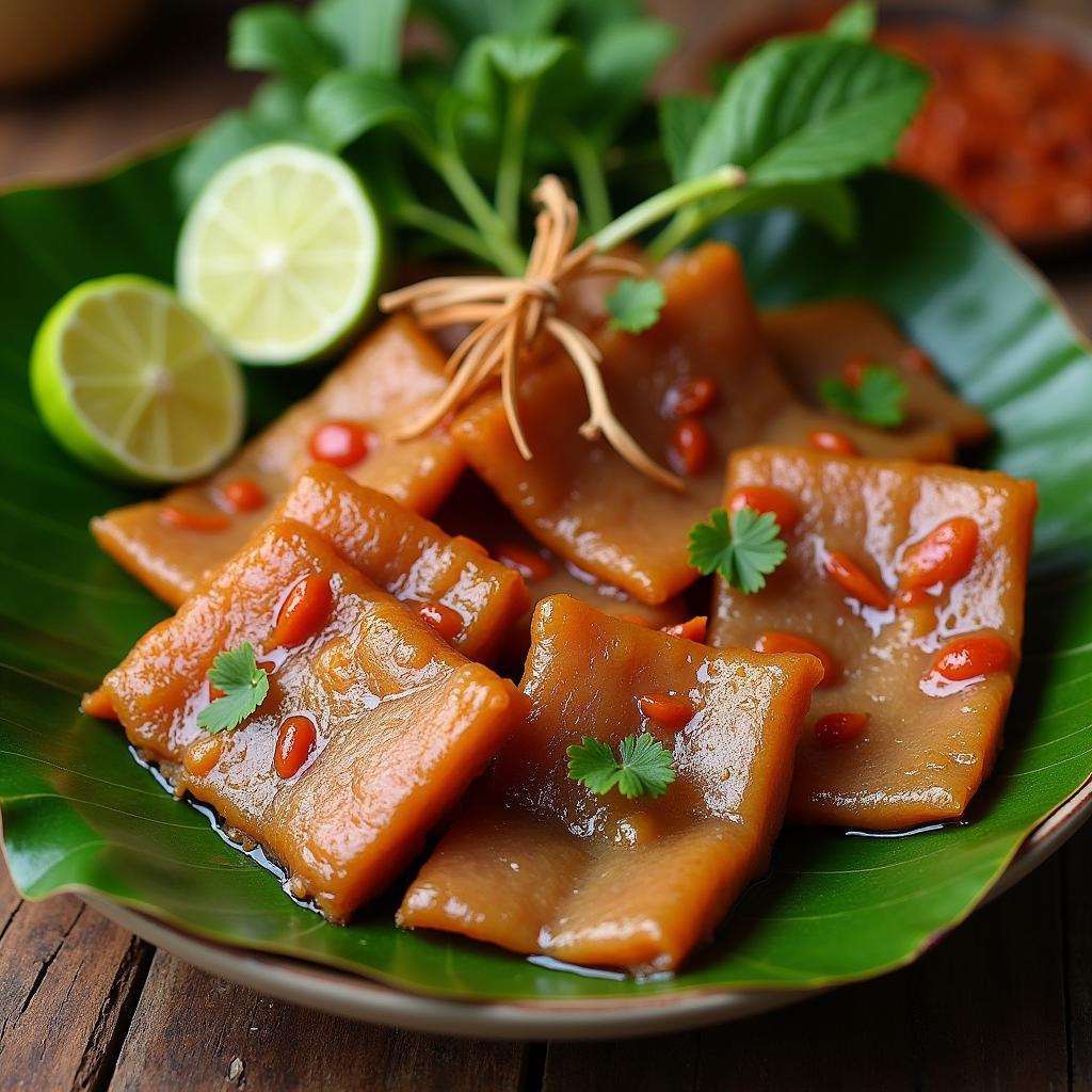 Đĩa đặc sản thịt chua Thanh Ba được trình bày đẹp mắt cùng với lá sung, lá ổi và rau thơm, thể hiện tinh hoa ẩm thực vùng đất Tổ Phú Thọ.