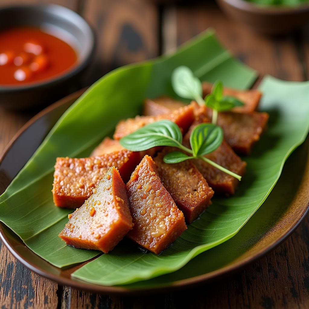 Cận cảnh đặc sản thịt chua Phú Thọ được bày biện đẹp mắt cùng lá sung, lá ổi và tương ớt.