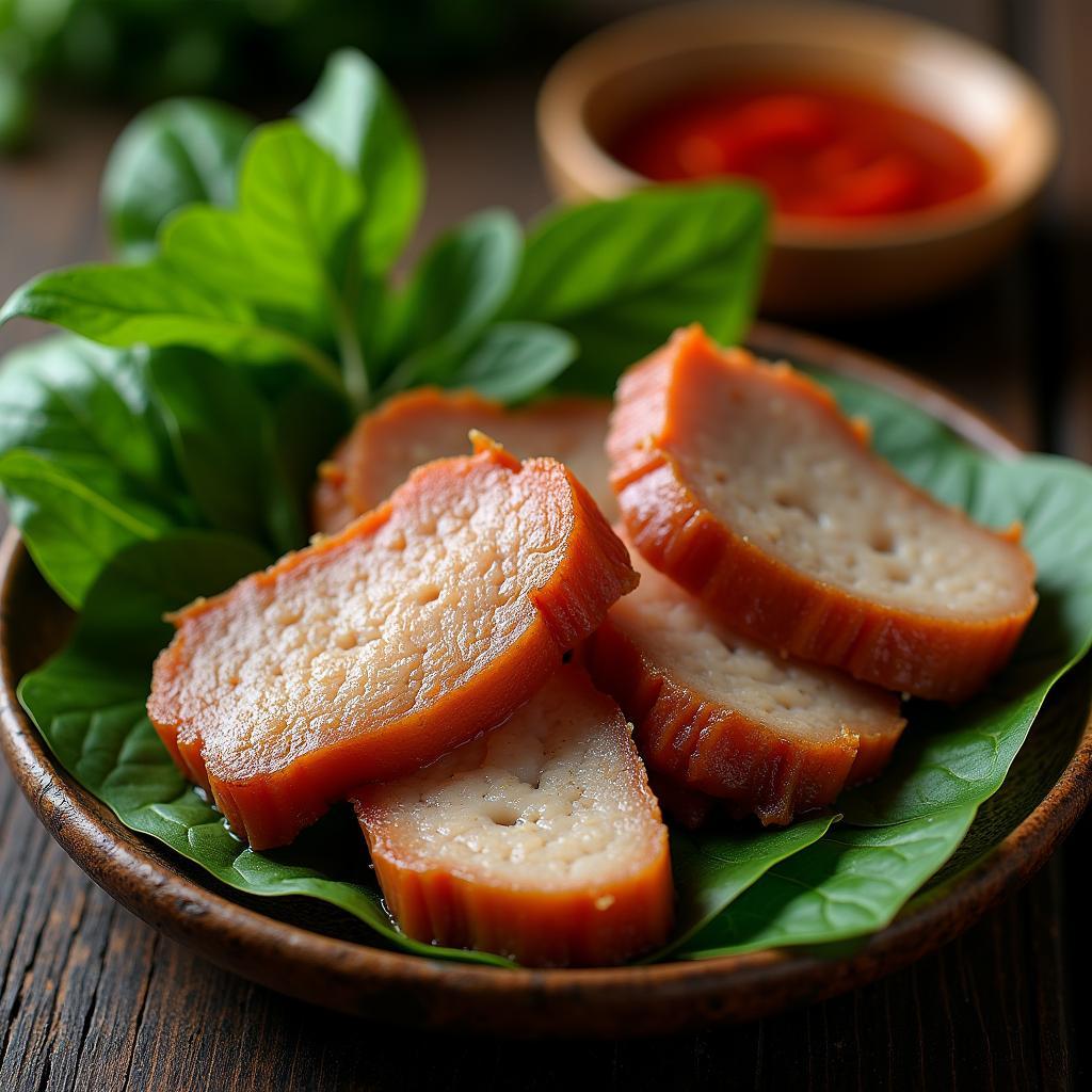 Đặc sản thịt chua Phú Thọ được bày biện đẹp mắt cùng lá sung, lá ổi và tương ớt