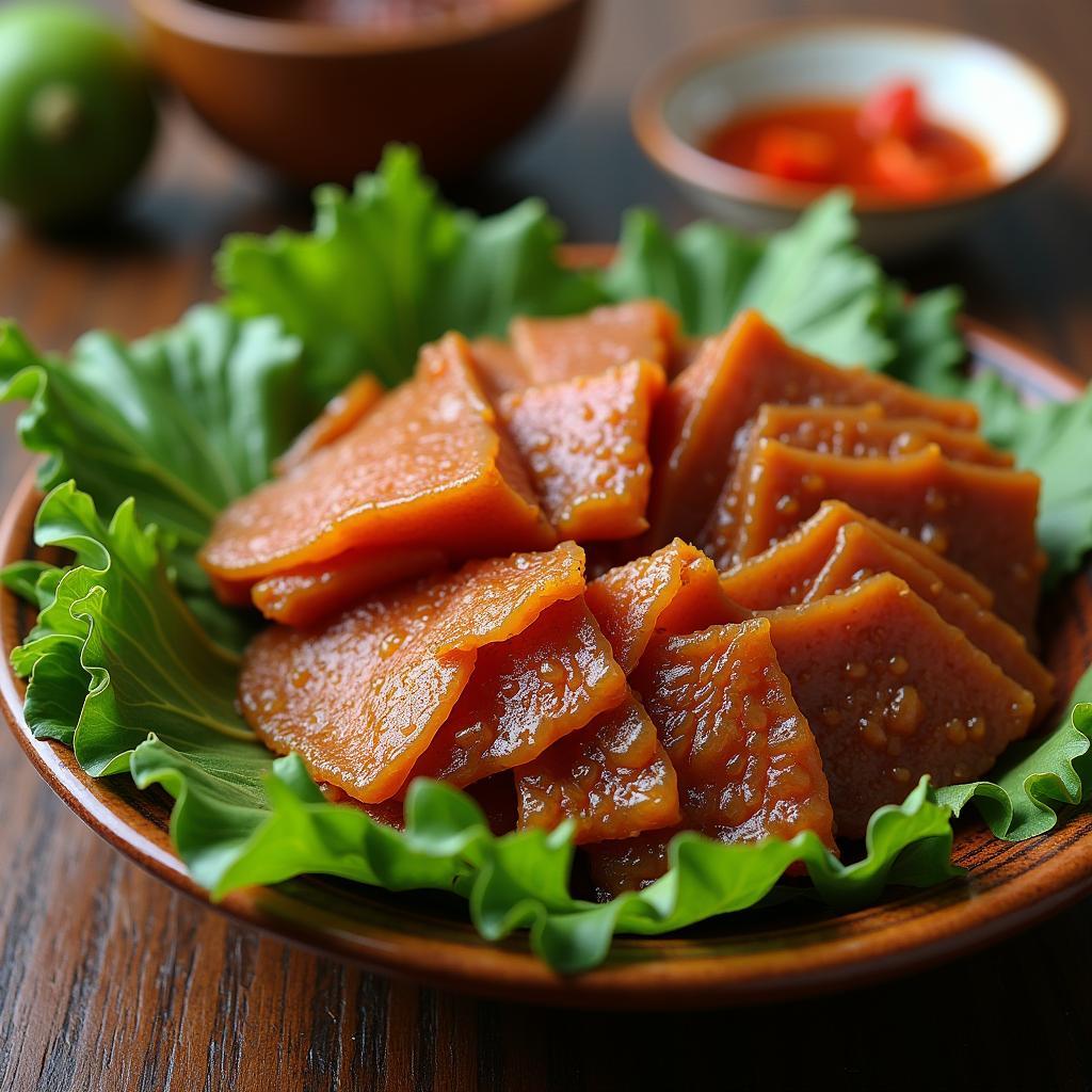 Đĩa thịt chua Thanh Sơn, đặc sản nổi tiếng của tỉnh Phú Thọ, được trình bày đẹp mắt cùng các loại lá ăn kèm như lá sung, lá ổi và một chén tương ớt cay nồng